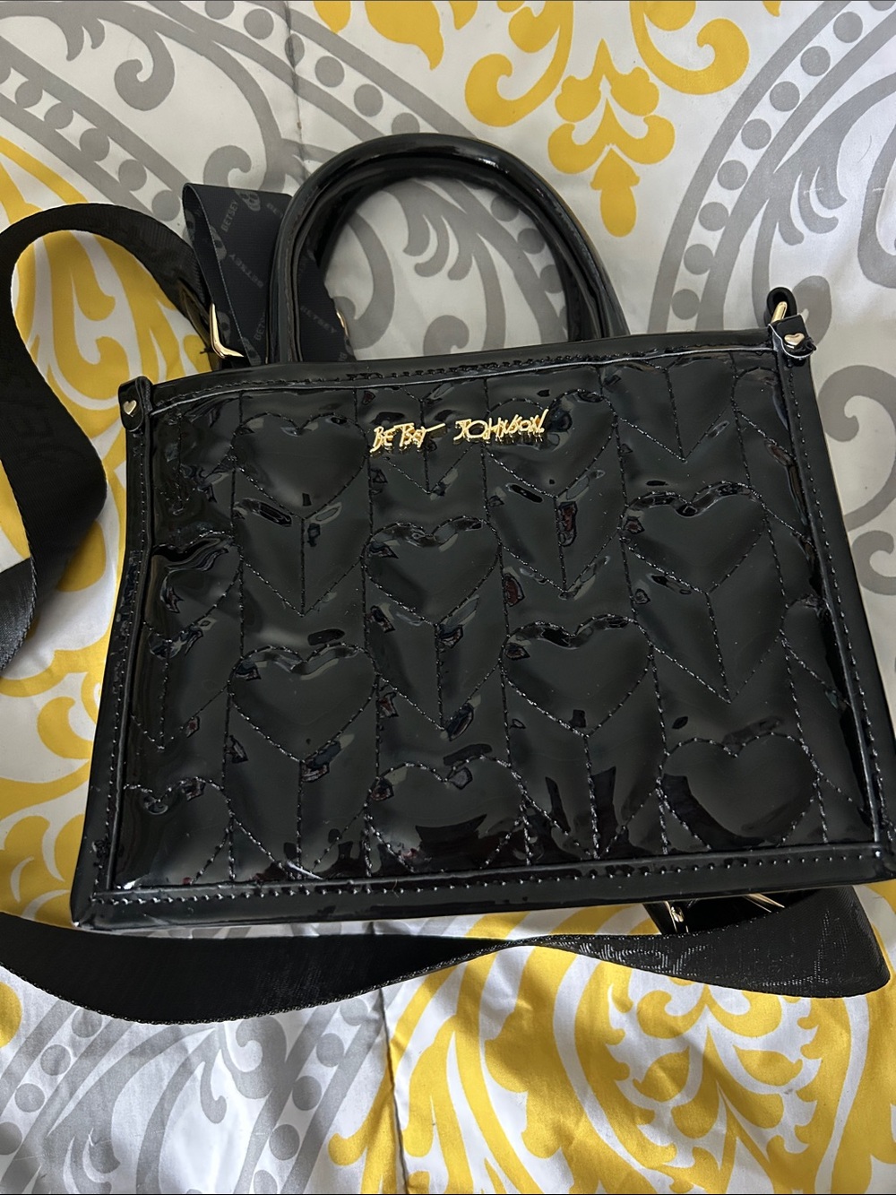 Betsey Johnson Black Patent Quilted Heart Mini Satchel with Gold Logo